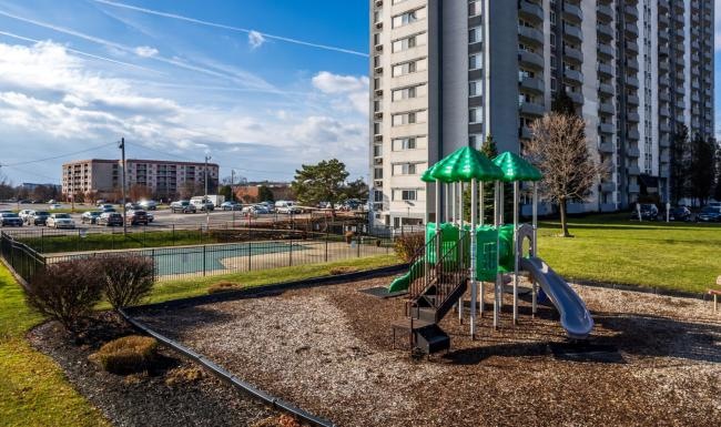 a park in front of a building